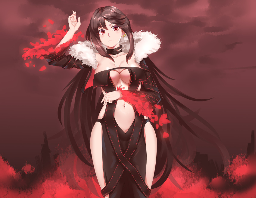 1girl, absurdres, babailifen_huixiajiu, bangs, black_dress, black_hair, black_jacket, breasts, center_opening, choker, collarbone, consort_yu_(fate), cropped_jacket, curvy, dress, ear_piercing, fate/grand_order, fate_(series), fur-trimmed_jacket, fur_trim, highres, jacket, large_breasts, long_hair, looking_at_viewer, navel, open_clothes, open_jacket, petals, piercing, red_eyes, revealing_clothes, solo, strapless, strapless_dress, very_long_hair, wide_sleeves