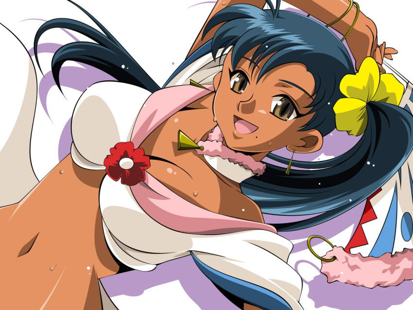akai_migiwa, blue_hair, breasts, brown_eyes, jean_(lunar), long_hair, lunar, lunar_2:_eternal_blue, midriff, mole, side_ponytail
