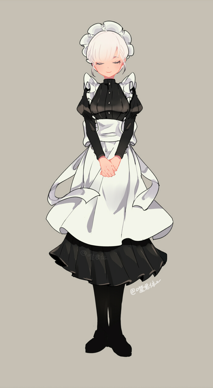 1girl, apron, bangs, black_dress, black_footwear, black_legwear, closed_eyes, dress