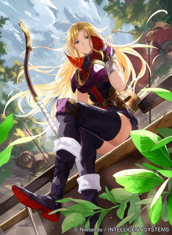 1girl, 2boys, armor, arrow, bandage, bangs, belt, blonde_hair