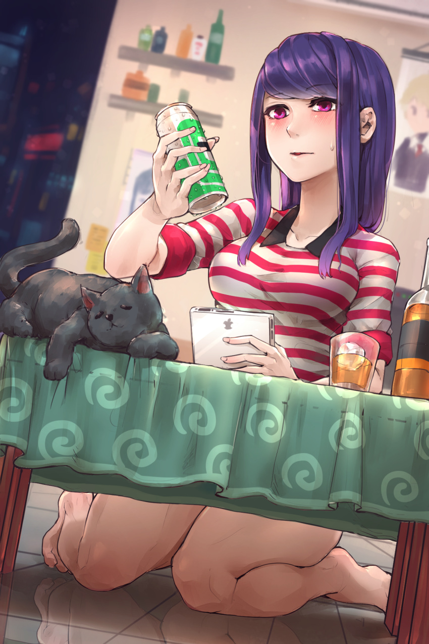 1girl, alcohol, alternate_hairstyle, apple_inc., bangs, barefoot, beer_can, black_cat