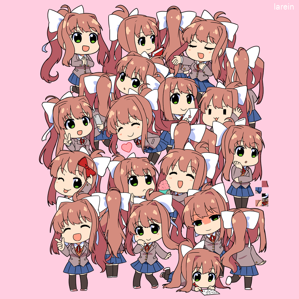 6+girls, :3, :d, :o, ;p, ^_^, artist_name, black_legwear, blue_skirt, book, bow, brown_hair, chibi, closed_eyes, closed_eyes, commentary, cupcake, doki_doki_literature_club, english_commentary, eyebrows_visible_through_hair, facing_away, facing_viewer, food, glitch, green_eyes, hair_bow, hair_ribbon, heart, index_finger_raised, jacket, lareindraws, letter, long_hair, looking_at_another, looking_at_viewer, looking_away, love_letter, monika_(doki_doki_literature_club), multiple_girls, multiple_persona, one_eye_closed, open_mouth, pen, pink_background, ponytail, red_bow, ribbon, school_uniform, self_shot, shaded_face, simple_background, skirt, smile, thigh-highs, tongue, tongue_out, v, very_long_hair, white_ribbon, writing, |_|
