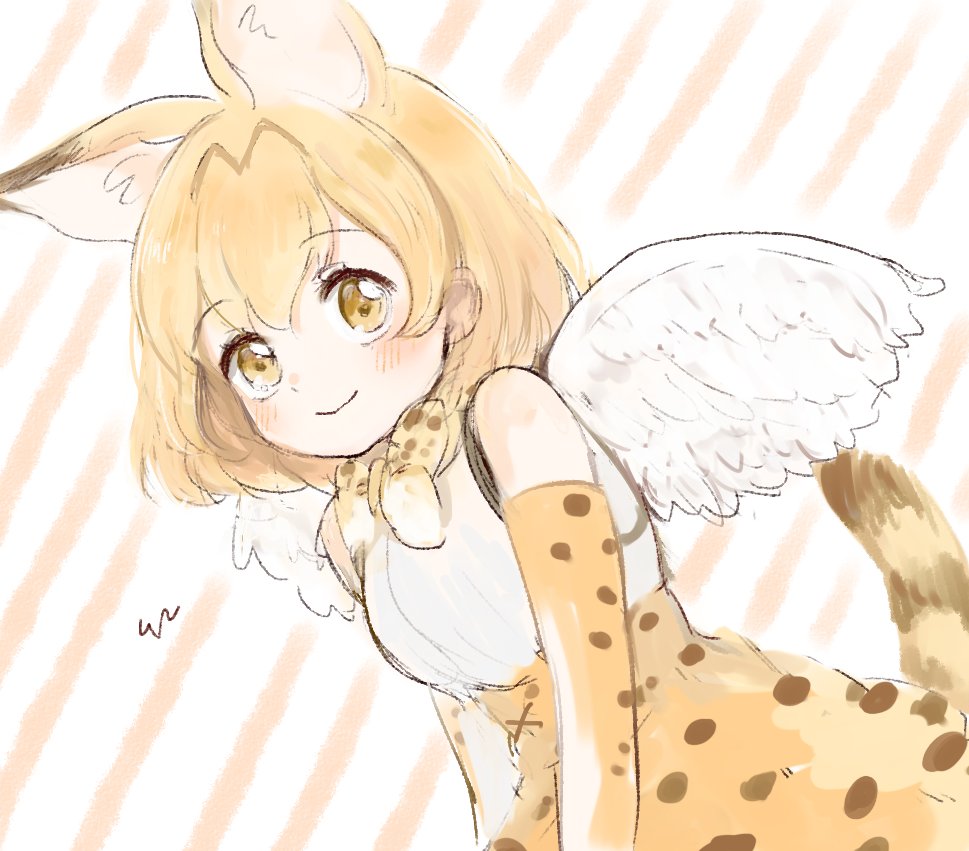 1girl, angel_wings, animal_ears, bare_shoulders, blonde_hair, blush, elbow_gloves, extra_ears, gloves, high-waist_skirt, kemono_friends, multicolored_hair, san_sami, serval_(kemono_friends), serval_ears, serval_print, serval_tail, short_hair, skirt, smile, solo, tail, wings, yellow_eyes