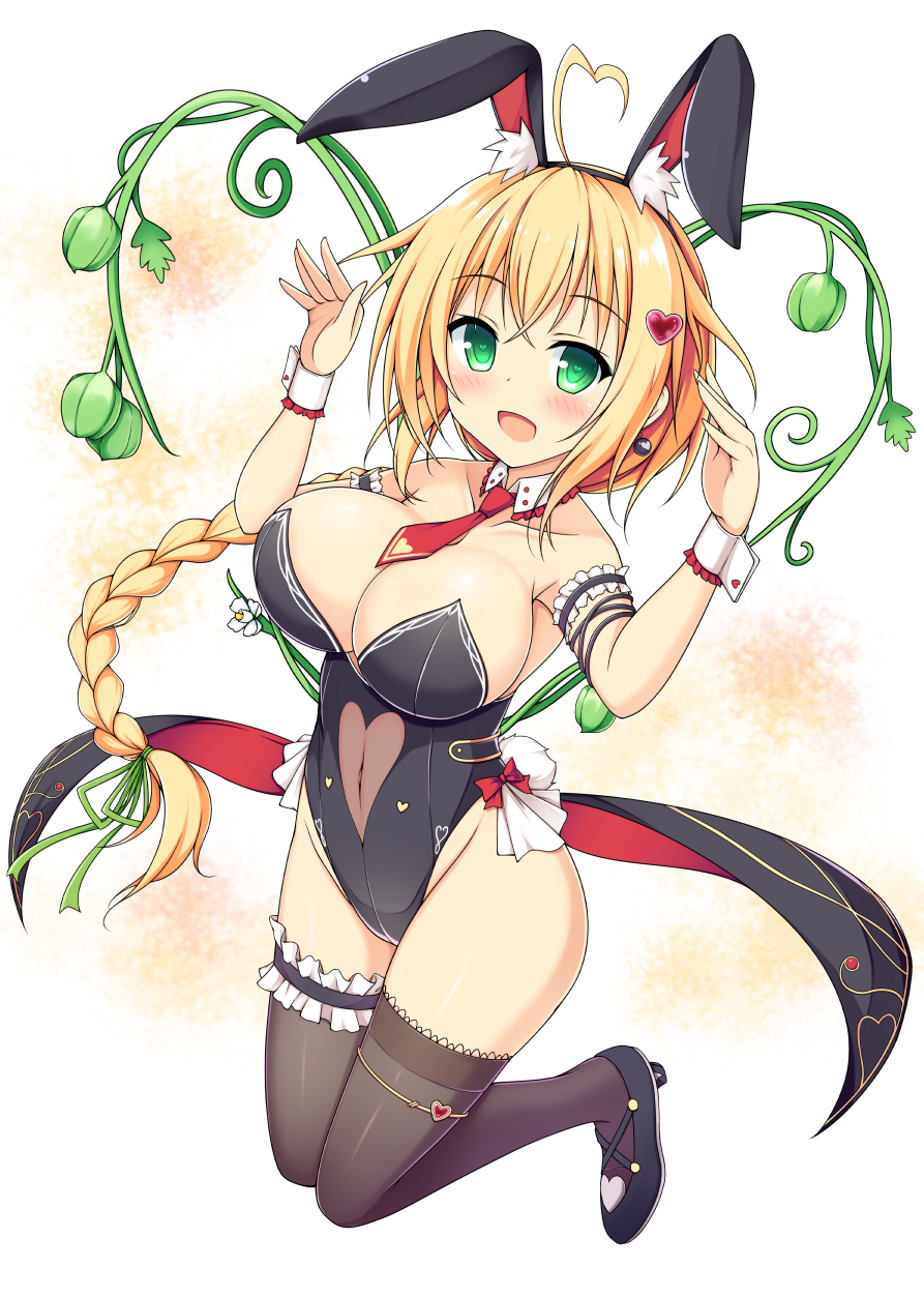 1girl, :d, ahoge, animal_ears, armpits, balloon_vine_(flower_knight_girl), black_footwear, black_legwear
