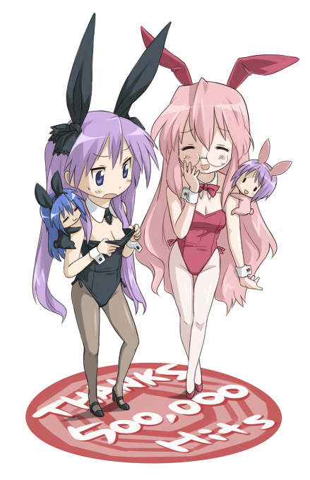 bunny_ears, bunnysuit, gray_pantyhose, hiiragi_kagami, hiiragi_tsukasa, imo_works, izumi_konata, lucky_star