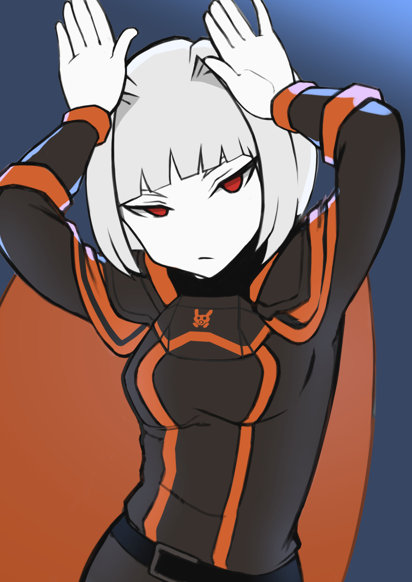 1girl, :/, absurdres, arms_up, bangs, belt, black_belt, blunt_bangs