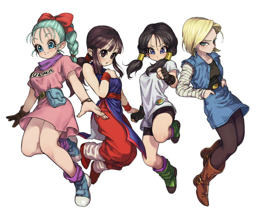 4girls, :o, android_18, aqua_hair, arm_at_side, arms_at_sides, bangs, bare_legs