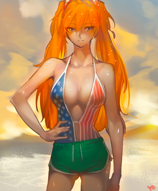 1girl, alternate_costume, alternate_hairstyle, american_flag, american_flag_print, american_flag_swimsuit, arm_at_side, artist_name