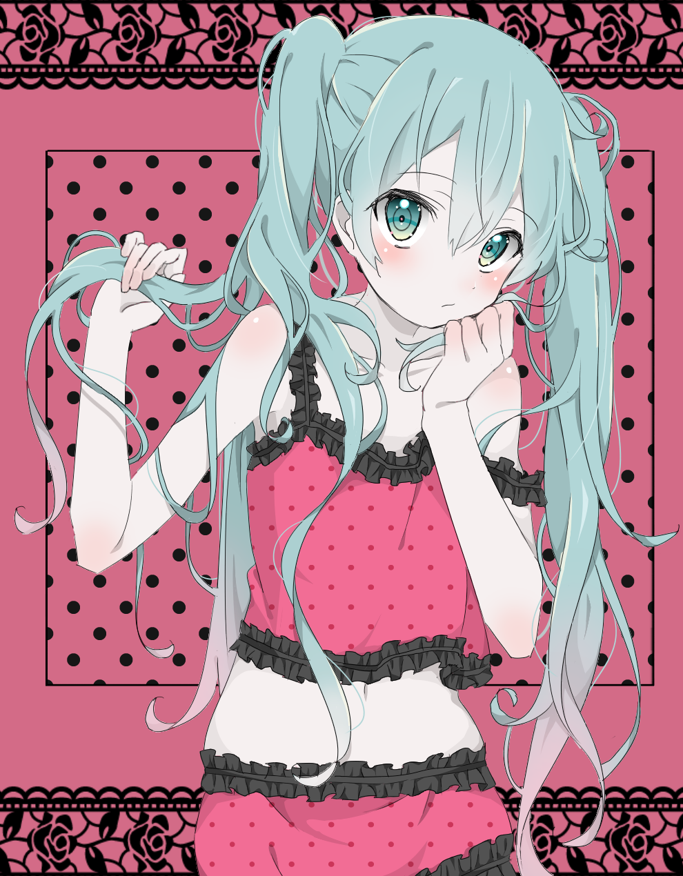 1girl, :/, aqua_hair, azuki_(ckxs7444), bare_shoulders, black_frills, blush, camisole