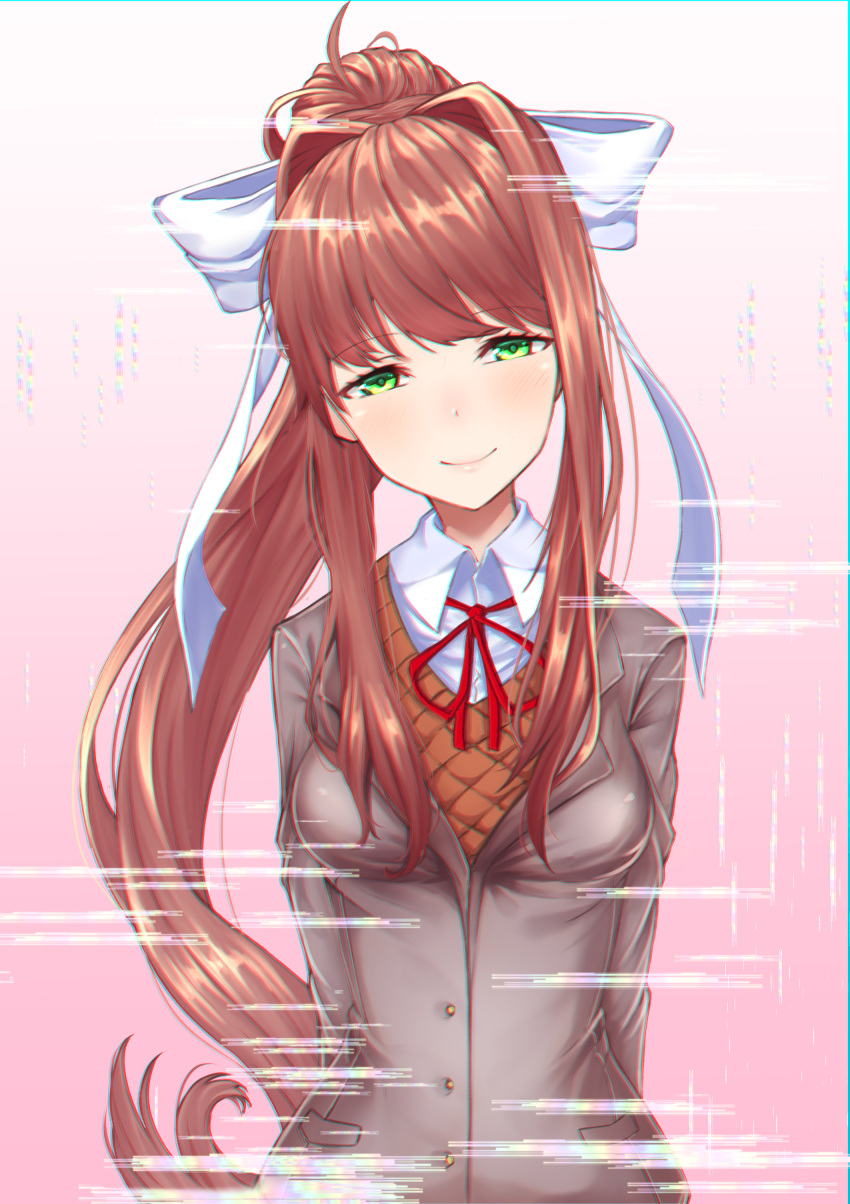 1girl, absurdres, arms_behind_back, brown_hair, character_name, chromatic_aberration, collared_shirt, darenenzinia, doki_doki_literature_club, glitch, green_eyes, grey_jacket, hair_ribbon, head_tilt, highres, jacket, long_hair, looking_at_viewer, monika_(doki_doki_literature_club), neck_ribbon, ponytail, red_ribbon, ribbon, school_uniform, shirt, smile, solo, upper_body, very_long_hair, white_ribbon, white_shirt, wing_collar