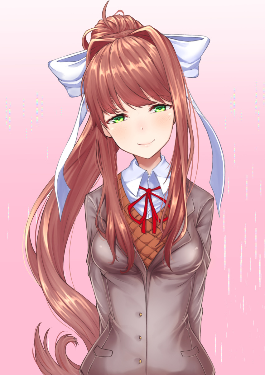 1girl, absurdres, arms_behind_back, brown_hair, character_name, collared_shirt, darenenzinia, doki_doki_literature_club, glitch, green_eyes, grey_jacket, hair_ribbon, head_tilt, highres, jacket, long_hair, looking_at_viewer, monika_(doki_doki_literature_club), neck_ribbon, ponytail, red_ribbon, ribbon, school_uniform, shirt, smile, solo, upper_body, very_long_hair, white_ribbon, white_shirt, wing_collar