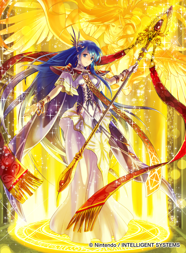1girl, blue_eyes, blue_hair, bracelet, closed_eyes, company_name, dress, elice_(fire_emblem)