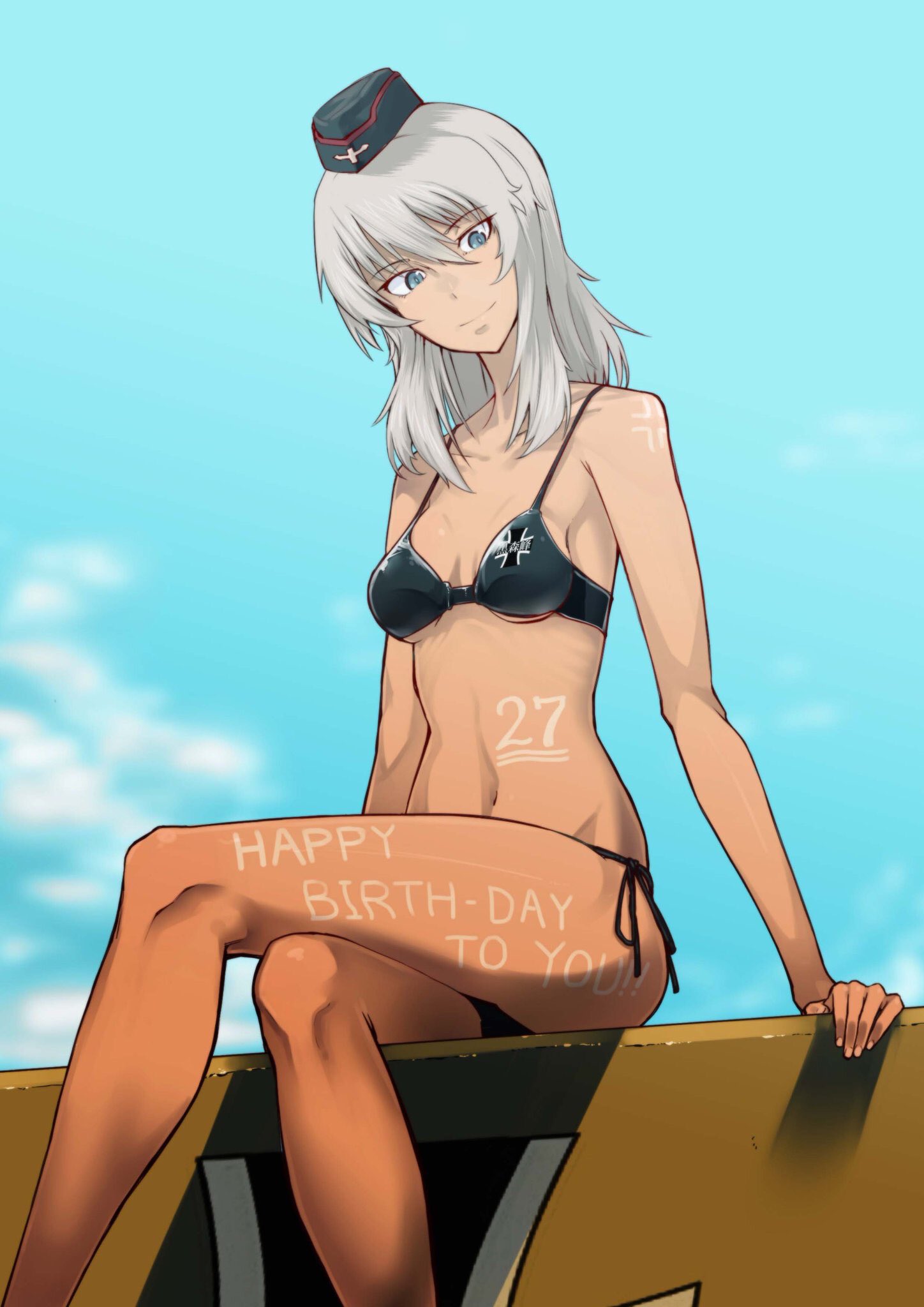 1girl, arm_support, bangs, bikini, black_bikini, black_hat, blue_eyes, blue_sky
