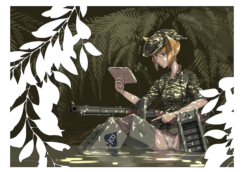1girl, absurdres, animal_ears, bangs, blonde_hair, blue_eyes, boonie_hat, branch
