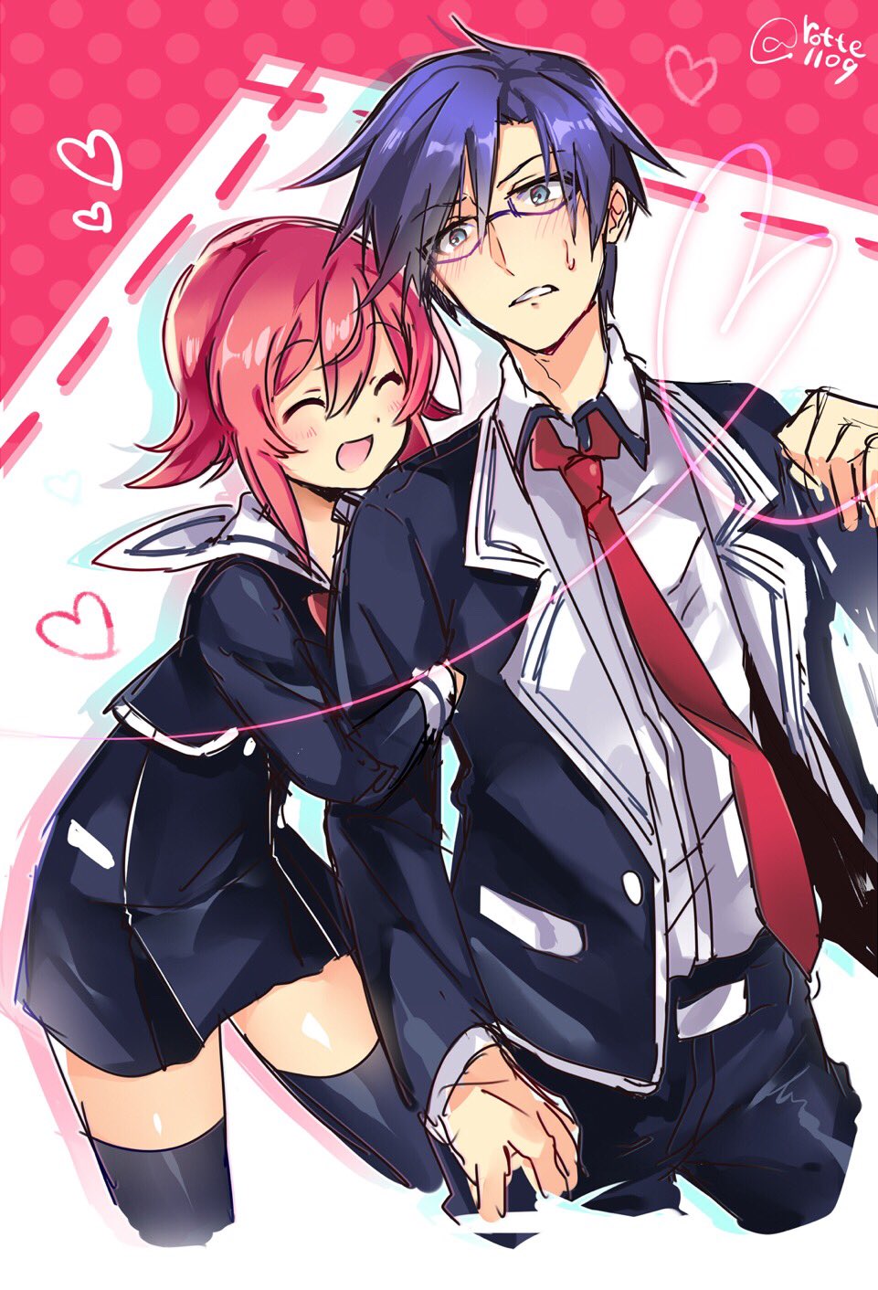 1girl, black_legwear, blue_hair, blush, bow, chaos;child, couple, heart