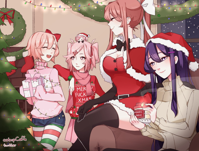 4girls, :d, ^_^, alternate_costume, armchair, artist_name, beige_sweater, belt