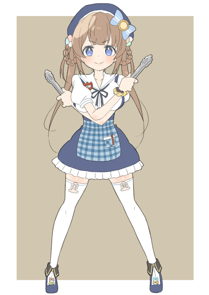 1girl, absurdres, amaryllis, apron, bangs, blue_eyes, blue_skirt, blush, braid, brown_background, brown_hair, closed_mouth, crossed_arms, donguri_suzume, hair_ribbon, hair_rings, hat, highres, holding, looking_at_viewer, name_tag, puffy_short_sleeves, puffy_sleeves, ribbon, shoes, short_sleeves, simple_background, skirt, smile, standing, thigh-highs, tongs, twin_braids, virtual_youtuber, waist_apron, waitress, white_legwear, yoshimochi_moni, zettai_ryouiki