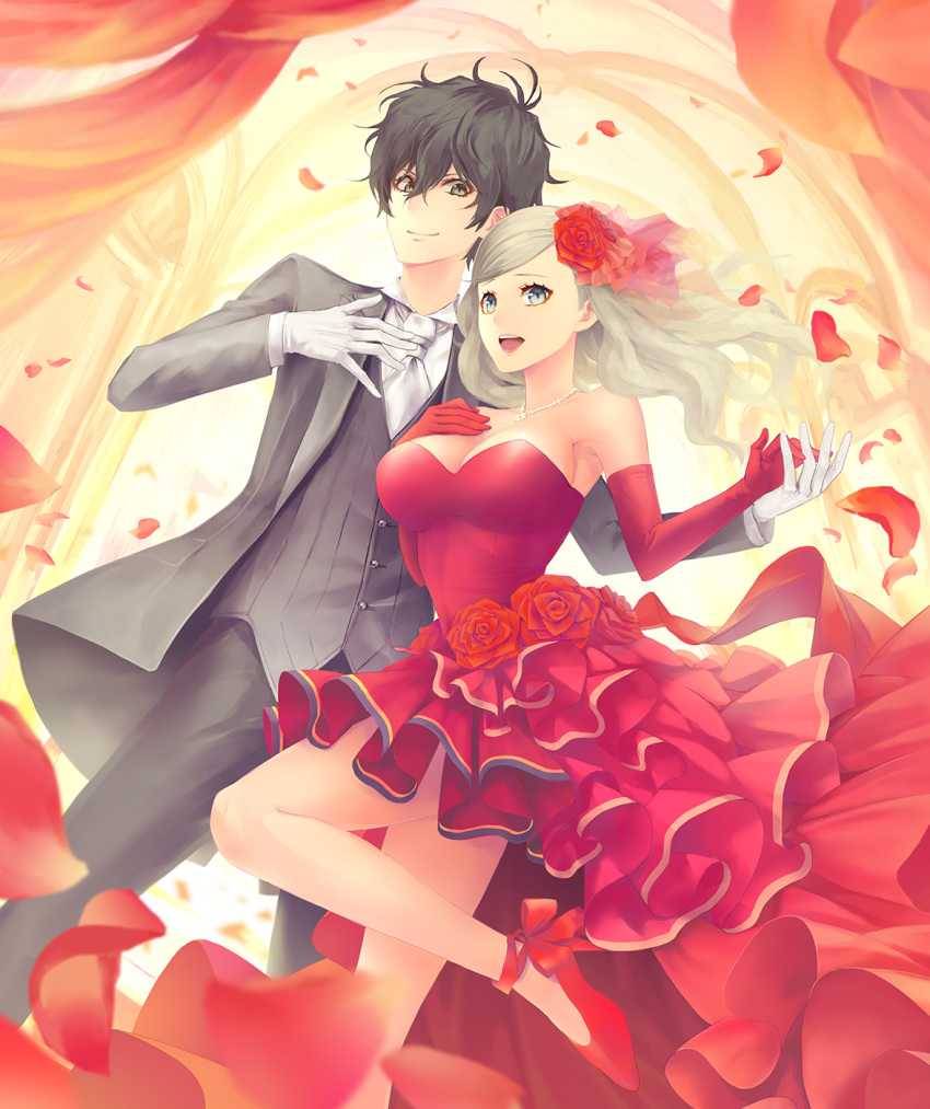 1boy, 1girl, :d, alternate_costume, amamiya_ren, ankle_ribbon, bangs, bare_legs, bare_shoulders, black_hair, black_pants, blue_eyes, blurry, bow, breasts, brown_eyes, cleavage, closed_mouth, couple, depth_of_field, dress, elbow_gloves, floating_hair, formal, from_below, gloves, grey_jacket, hair_between_eyes, hair_bow, hetero, high_heels, highres, indoors, jacket, jewelry, large_breasts, layered_dress, legs, long_hair, mozuyun, neck, necklace, open_clothes, open_jacket, open_mouth, pants, parted_bangs, persona, persona_5, petals, pumps, red_bow, red_dress, red_footwear, red_gloves, red_ribbon, ribbon, short_hair, silver_hair, smile, strapless, strapless_dress, striped, striped_dress, suit, takamaki_anne, white_gloves, white_neckwear