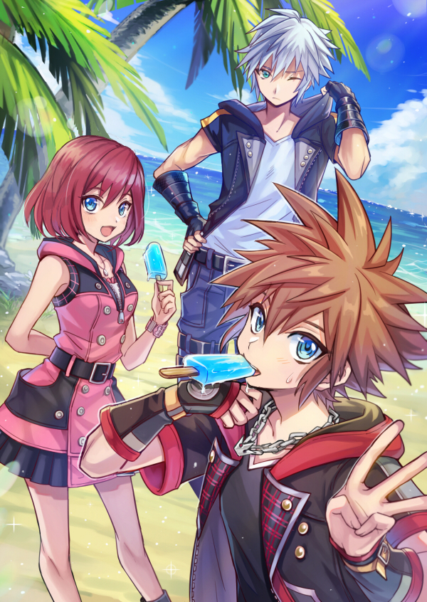 1girl, 2boys, beach, belt, blue_eyes, blue_sky, brown_hair, clouds
