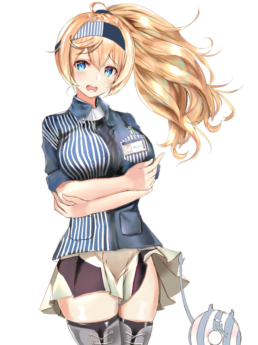 1girl, alternate_costume, alternate_hairstyle, bangs, black_legwear, blonde_hair, blue_eyes, blue_shirt