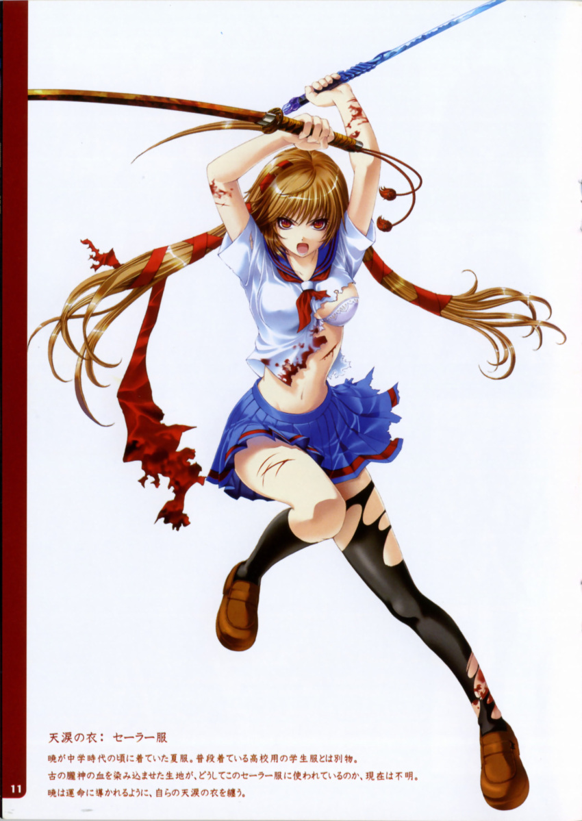 angry, arms_up, black_legwear, blood, bra, brown_hair, dual_wielding, hair_ribbon