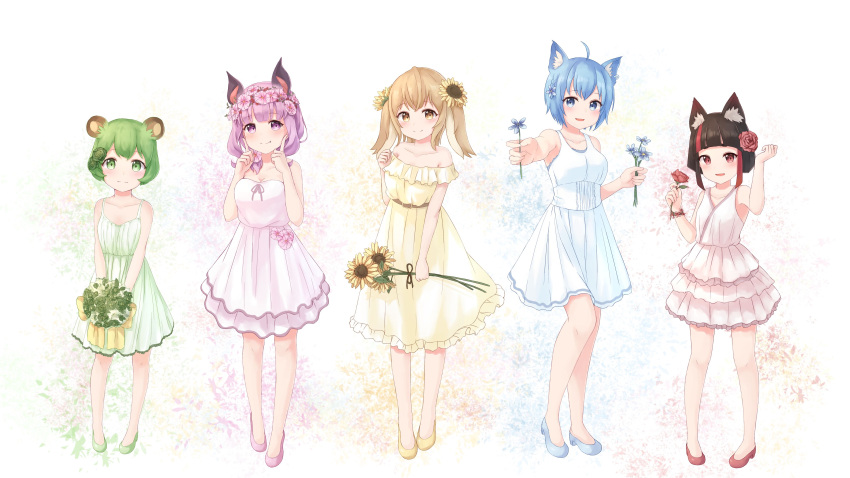 5girls, absurdres, animal_ears, animare, bat_ears, bear_ears, black_hair, blue_dress
