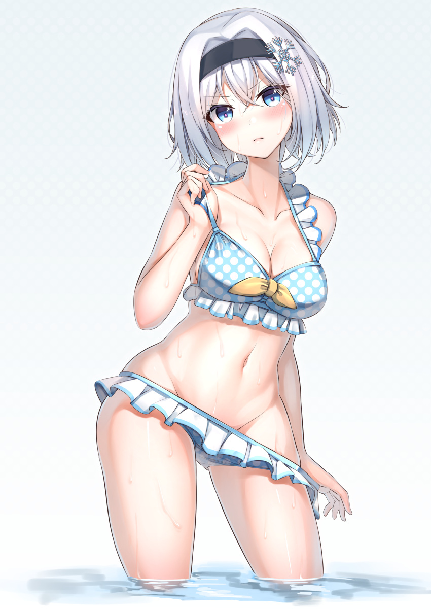 1girl, absurdres, bare_shoulders, bikini, bikini_pull, bikini_skirt, black_hairband, blue_bikini