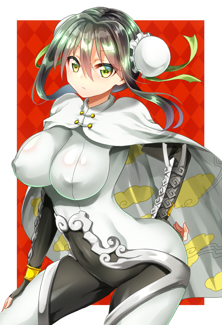 1girl, arm_guards, bangs, black_hair, bodysuit, breasts, bun_cover, cape, chinese_clothes, closed_mouth, cloud_print, covered_navel, covered_nipples, double_bun, eyebrows_visible_through_hair, fate/grand_order, fate_(series), green_eyes, hand_on_hip, homi28, medium_breasts, qin_liangyu_(fate), sidelocks, simple_background, skin_tight, solo, standing, white_cape