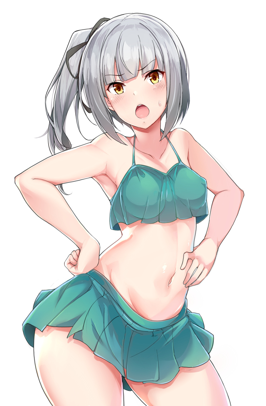 1girl, absurdres, armpits, bangs, bikini, bikini_skirt, black_ribbon, blush