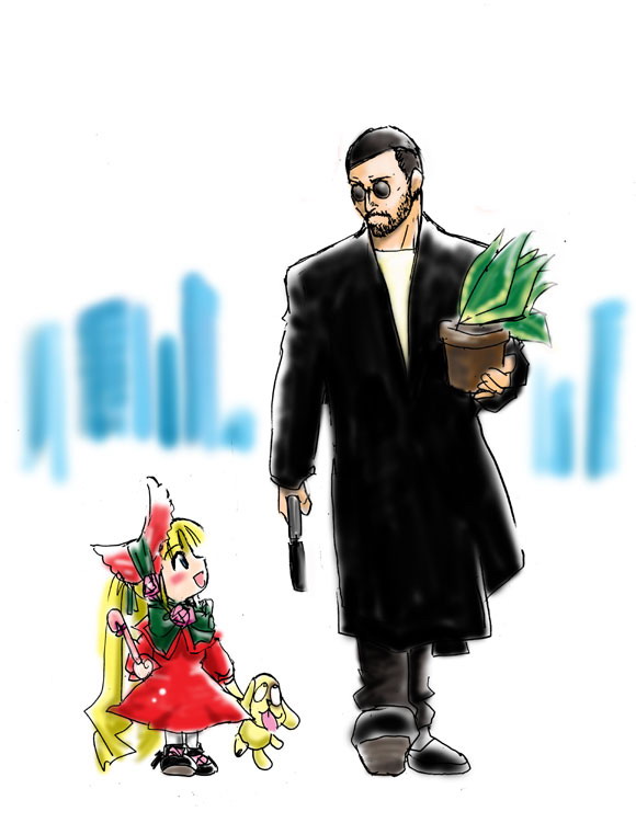 blonde_hair, coat, crossover, facial_hair, gun, handgun, leon, leon_(movie)