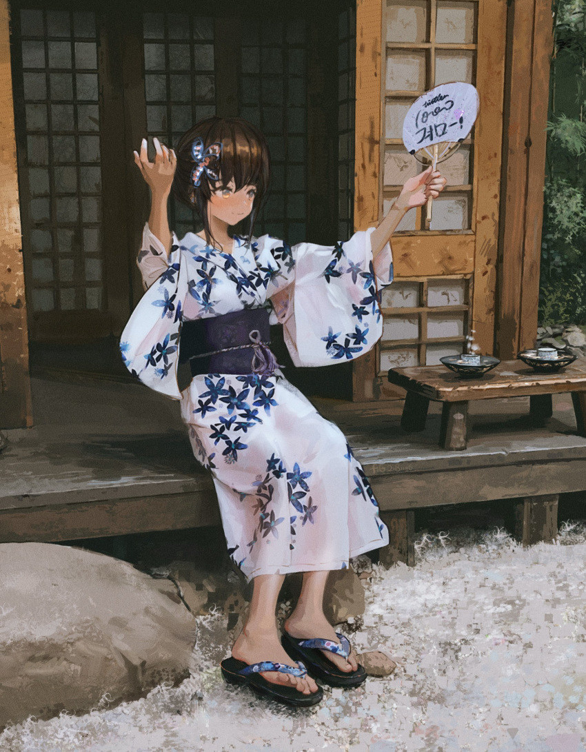 1girl, doorway, empty_room, floral_print, hair_between_eyes, hands_up, highres, japanese_clothes