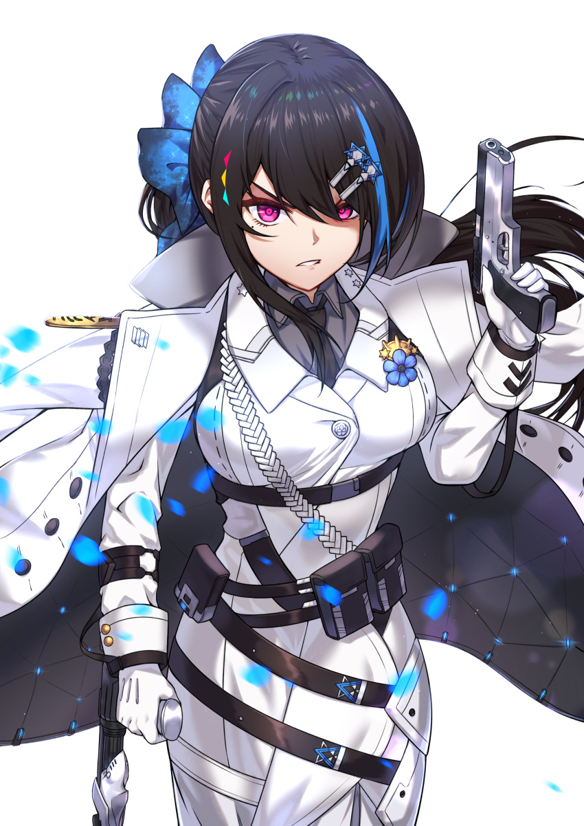 1girl, absurdres, aiguillette, bangs, black_hair, blue_bow, blue_hair, bow