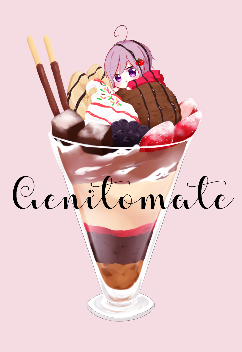 1girl, :3, absurdres, ahoge, blush, chibi, chocolate_syrup, dessert