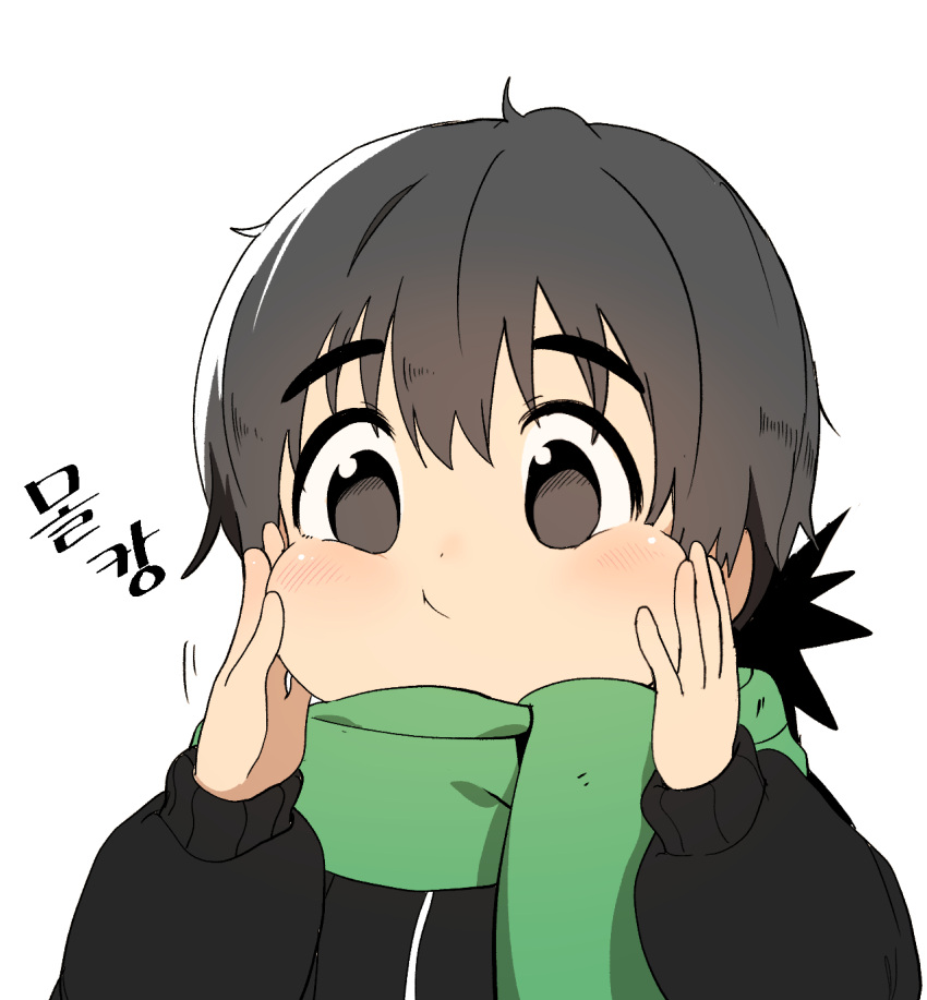 1girl, :t, blush, brown_eyes, brown_hair, bural_chingu, eyebrows, eyebrows_visible_through_hair, hands_on_own_cheeks, hands_on_own_face, highres, korean, looking_at_viewer, luke_(dydansgur), puffy_cheeks, scarf, seong_mi-na_(bural_chingu), short_hair, solo