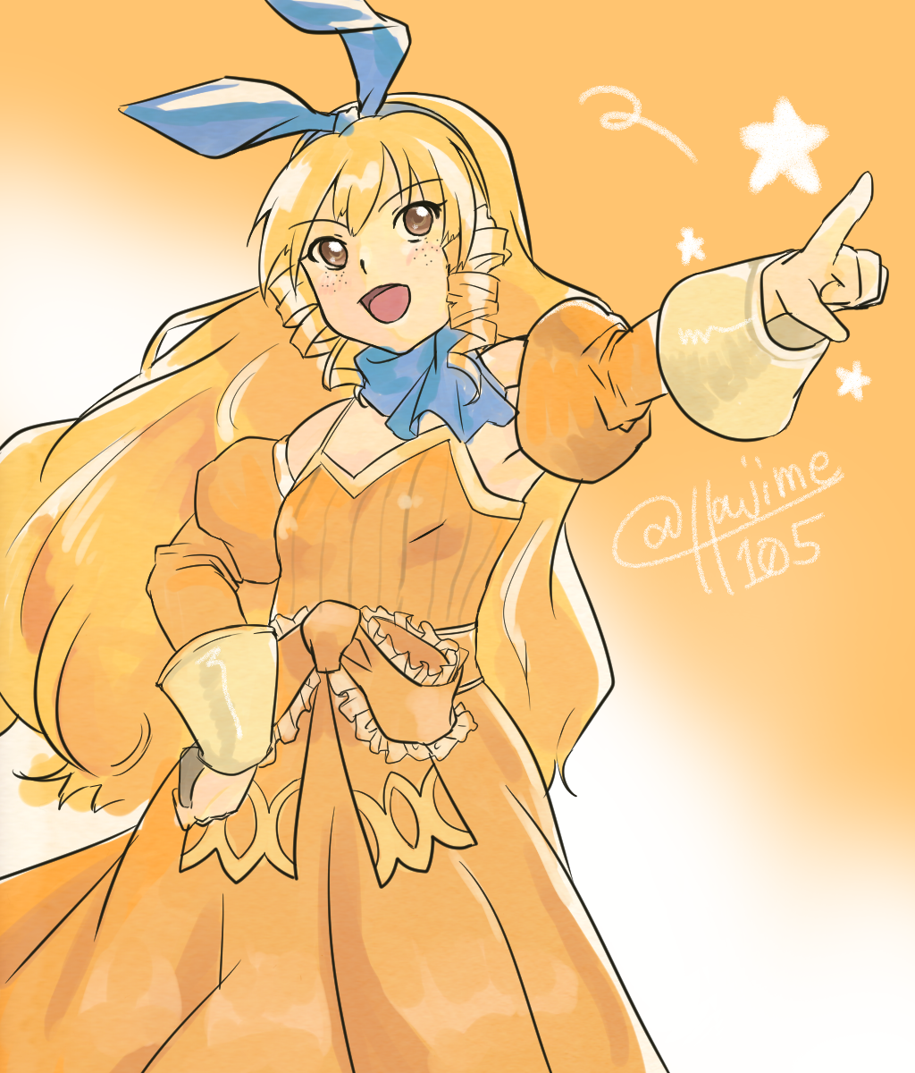 1girl, blonde_hair, blue_neckwear, bow, breasts, brown_eyes, calamity_jane, commentary_request
