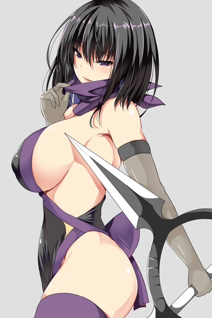 1girl, ar_(lover_boy), bandanna, bangs, bare_shoulders, black_hair, breasts, commentary_request