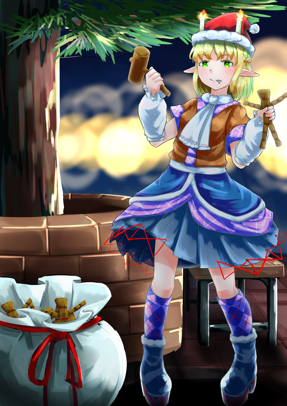 1girl, alternate_headwear, argyle, argyle_legwear, arm_warmers, arms_up, bag, blonde_hair