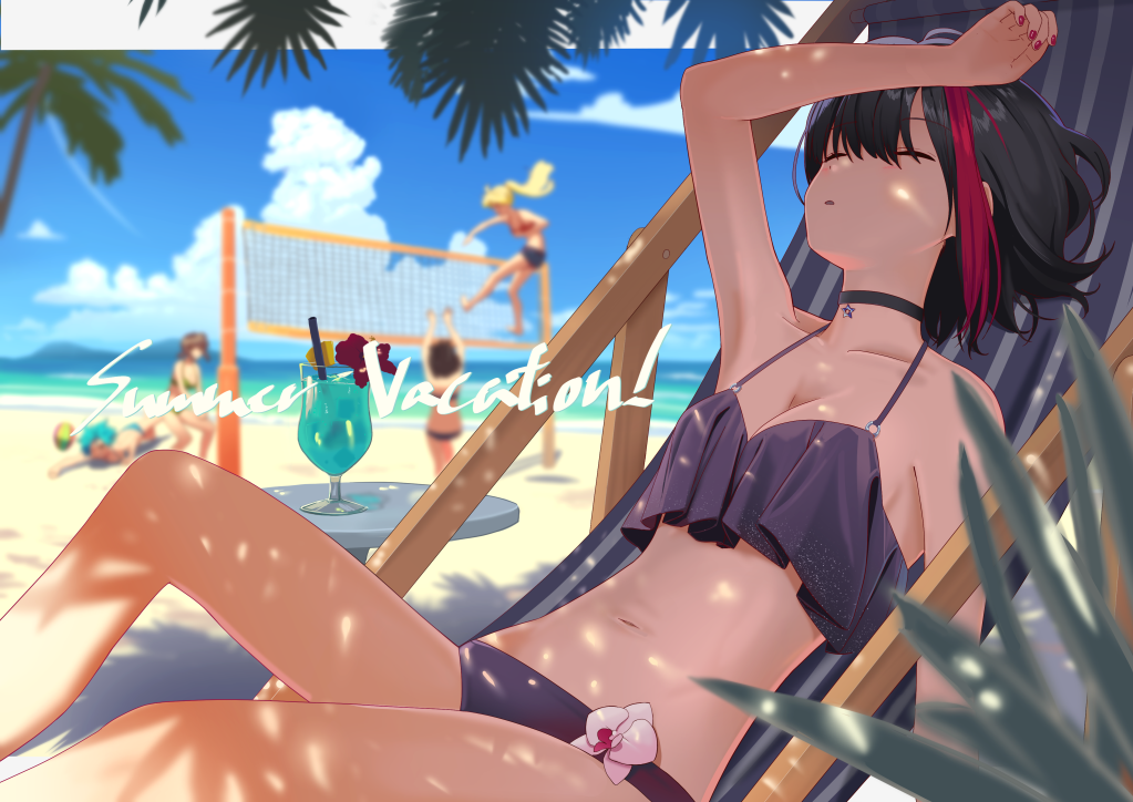 5girls, arm_up, armpits, bang_dream!, bangs, bare_arms, bare_shoulders, beach