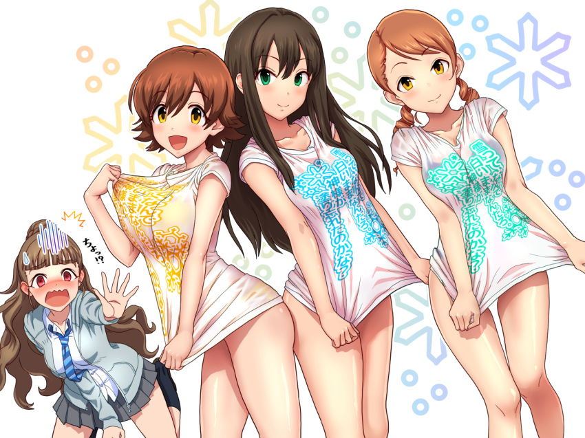4girls, bangs, bare_legs, black_hair, blue_neckwear, blunt_bangs, blush, breasts