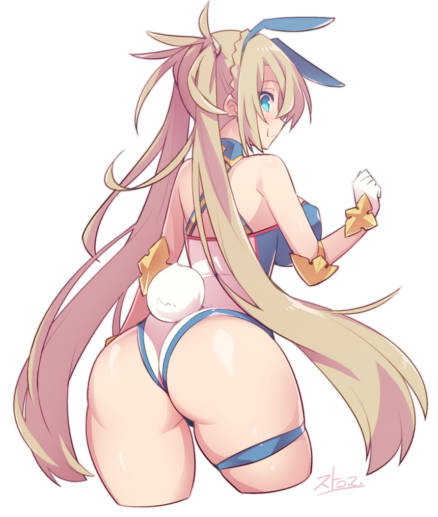 1girl, animal_ears, ass, blonde_hair, blue_eyes, blush, bradamante_(fate/grand_order), braid, breasts, bunny_girl, bunny_tail, closed_mouth, commentary_request, eyebrows_visible_through_hair, fate/grand_order, fate_(series), french_braid, from_behind, gloves, leotard, long_hair, looking_at_viewer, looking_back, medium_breasts, rabbit_ears, shiny, shiny_hair, shiny_skin, smile, solo, standing, stroma, tail, thigh_strap, twintails, white_gloves, white_leotard