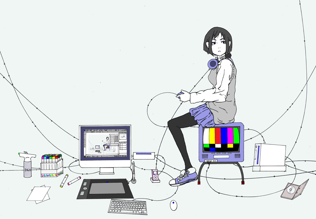 1girl, black_hair, black_legwear, blue_footwear, blue_skirt, breasts, cable, color_bars, commentary_request, digital_media_player, disc, flat_color, from_side, full_body, game_console, grey_background, grey_vest, headphones, holding_controller, ipod, keyboard_(computer), long_sleeves, looking_past_viewer, looking_to_the_side, marker, medium_breasts, monitor, nintendo, original, pantyhose, rec, shirt, shoes, short_hair, simple_background, sitting, skirt, sneakers, solo, sweater_vest, tablet, television, vest, vest_over_shirt, white_shirt, wii, yokotakumi