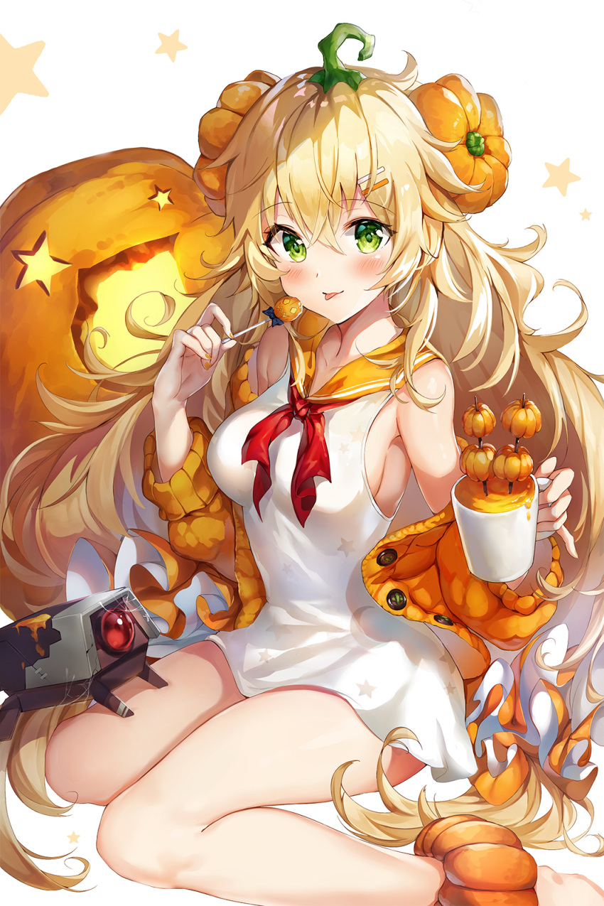 1girl, alternate_costume, ankle_scrunchie, baggy_clothes, bangs, bare_shoulders, barefoot, between_legs