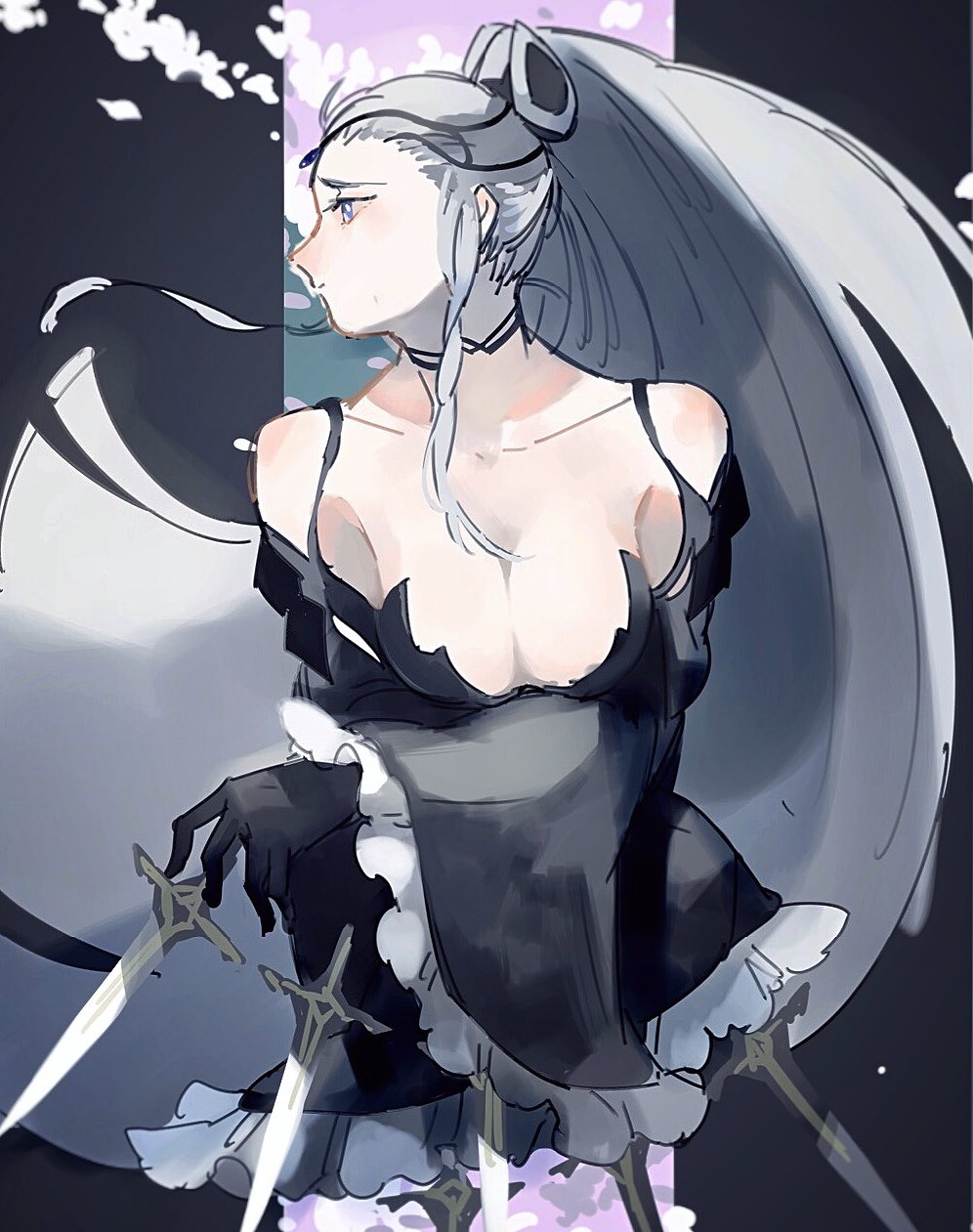 1girl, black_gloves, breasts, choker, cleavage, dress, eir_(fire_emblem), fire_emblem