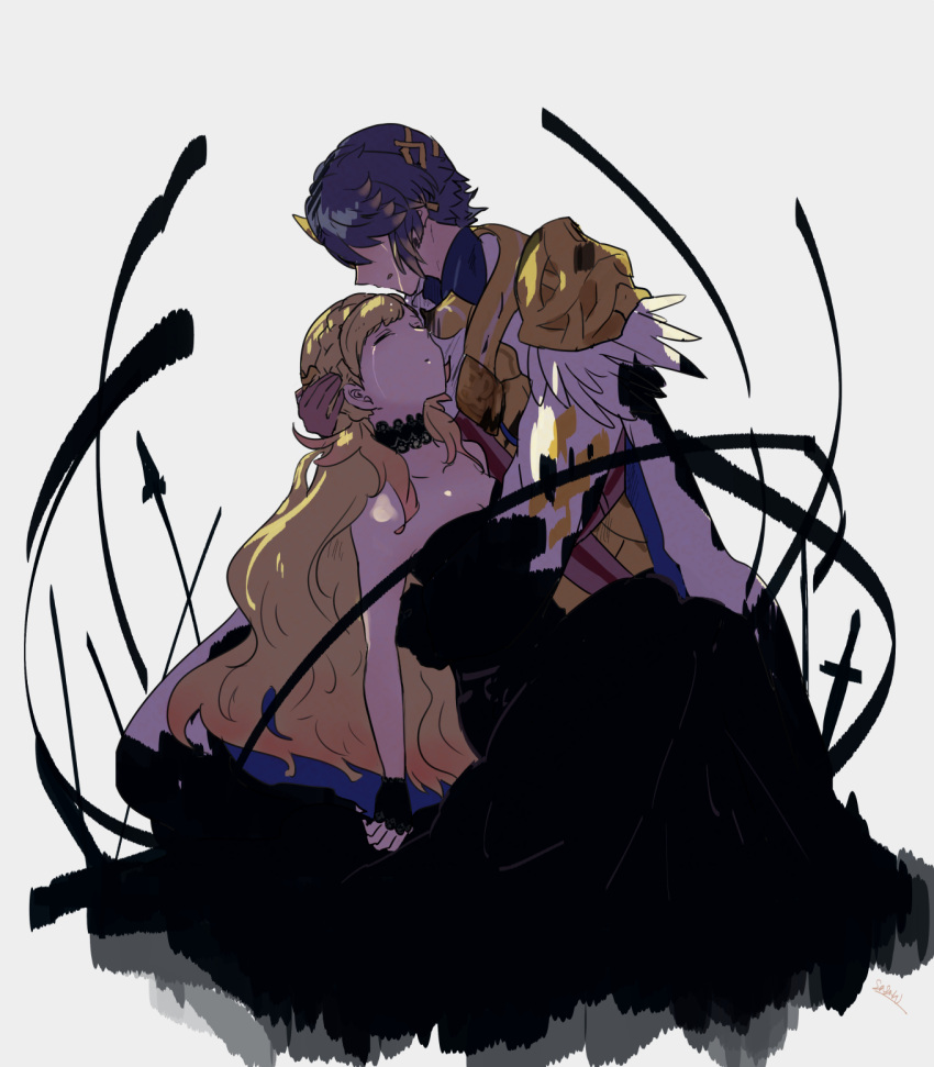 1boy, 1girl, alfonse_(fire_emblem), armor, black_dress, blonde_hair, blue_hair, braid
