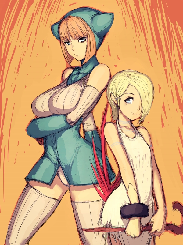 blonde_hair, blue_eyes, breath_of_fire, breath_of_fire_v, cat_hood, elbow_gloves, gloves, hair_over_one_eye, hood, humio, lin, nina_(breath_of_fire_v), nina_v, red_hair, redhead, short_hair, thigh-highs, thighhighs
