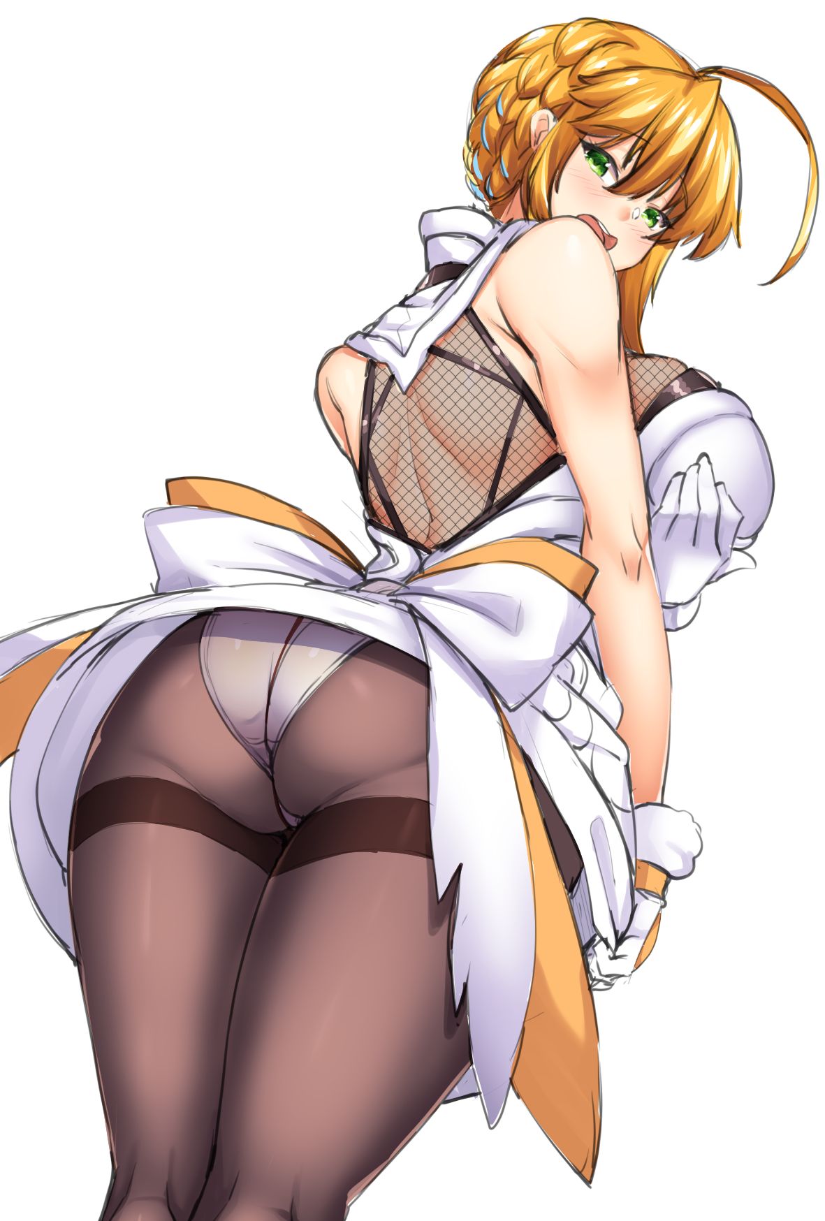 1girl, ahoge, arm_at_side, artoria_pendragon_(all), artoria_pendragon_(lancer), ass, bangs, bare_shoulders