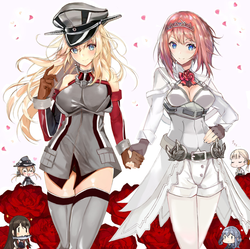 6+girls, akagi_(kantai_collection), anchor_hair_ornament, ark_royal_(kantai_collection), bangs, bare_shoulders, bismarck_(kantai_collection), blonde_hair