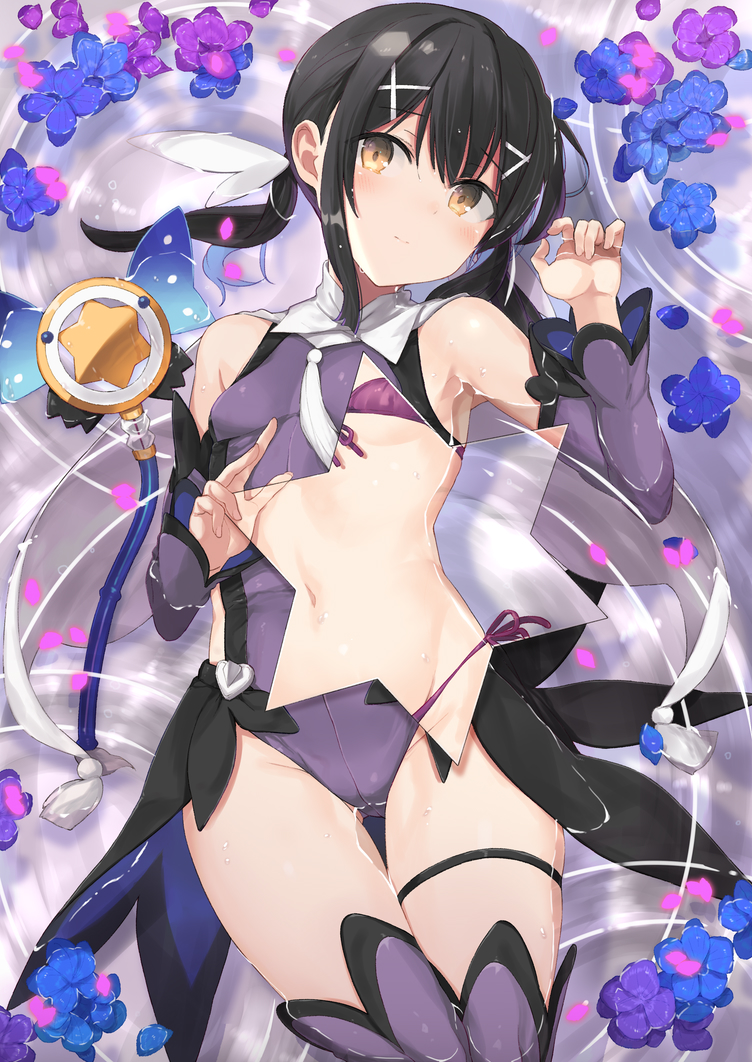 1girl, bikini, black_hair, blush, breasts, brown_eyes, detached_sleeves, expressionless