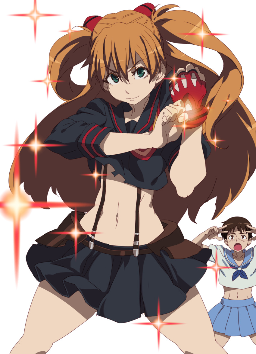 1boy, 1girl, abs, armor, bangs, belt, black_belt, black_eyes