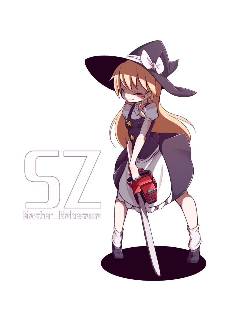 1girl, artist_name, black_hat, blonde_hair, blush_stickers, bow, braid, chainsaw
